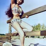 Sherry Britton modelling a license plate print bikini, 1955